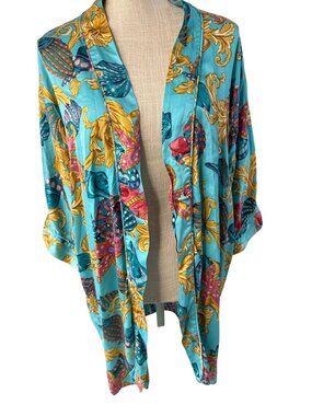 Victorias Secret Aqua Multicolor Sea Shell Kimono Cardigan 100% Silk OS